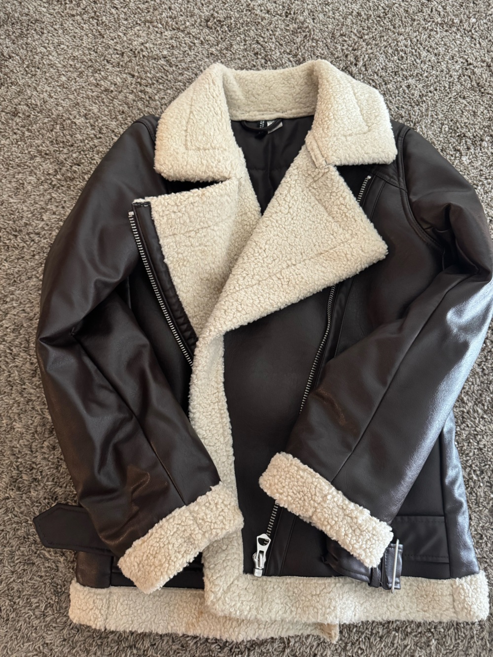 Divided Brown Faux Leather Teddy Jacket with Cream Sherpa